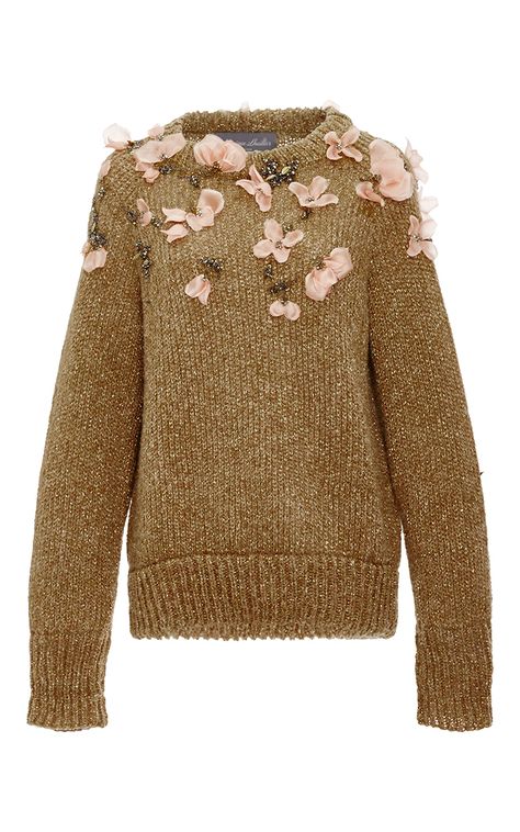 Rib Sweater With Floral Embroidery by MONIQUE LHUILLIER for Preorder on Moda Operandi Fancy Sweater, Brown Embroidery, Floral Print Sweater, Fox Sweater, Rib Sweater, Embroidery Sweater, Oversized Sweaters, Wool Clothing, Floral Sweater