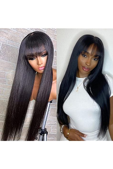 A ALIMICE Straight Human Hair Wigs with Bangs Human Hair Wigs for Black Women 100% Unprocessed Brazilian Virgin Human Hair Wigs Machine Made Glueless Wigs (22 Inch, 130% Density, Black) Bang Wigs, Bang Wig, Human Hair Wigs With Bangs, Straight Human Hair Wigs, Hair Wigs For Black Women, Natural Black Women, Human Wigs, Straight Human Hair, Womens Wigs