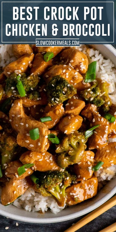 Chicken and broccoli over a bowl of rice garnished with green onions. Crock Pot Chicken And Broccoli, Chicken Broccoli Crockpot, Crockpot Dinners Healthy, Chicken Crockpot Recipes Healthy, Crockpot Chicken Healthy, Easy Crockpot Dinners, Easy Crockpot Chicken, Better Than Takeout, Crock Pot Chicken