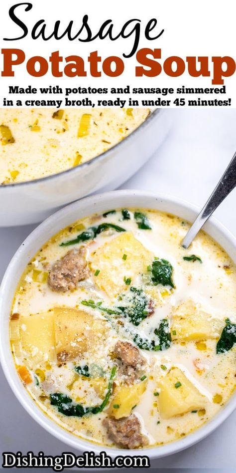 Sausage and Potato Soup made with potatoes, Italian sausage, and spinach simmered in a creamy broth topped with parmesan, ready in under 45 minutes! Sausage And Potato Soup, Vegetarian Side Dish Recipes, Bacon Kale, Chicken Soup Crockpot, Sausage And Spinach, Sausage Potato Soup, Spinach Soup Recipe, Sausage Crockpot, Potato Bacon Soup