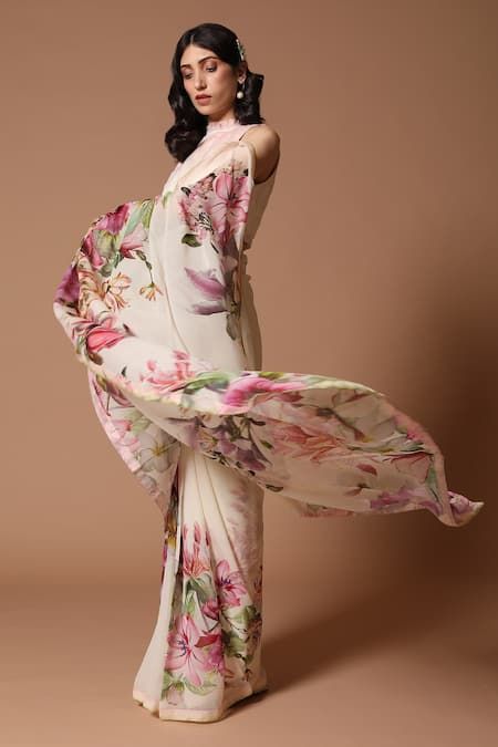 Buy Ivory Lining Chiffon Printed Saree With Unstitched Blouse Piece For Women by Rohit Bal Online at Aza Fashions. Digital Print Saree, Floral Print Sarees, Saree Floral, Floral Saree, Saree Gown, Rohit Bal, Hand Painted Sarees, Print Saree, Ivory Fabric