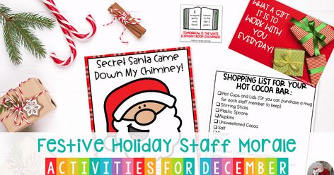 These festive holiday staff morale activities and games will help keep motivation high and create some magic during this busy season at school! Activities For December, Peppermint Latte, Elephant Book, Staff Morale, Book Exchange, Holiday Fragrance, Peppermint Sticks, Holiday Ribbon, Hot Cocoa Bar