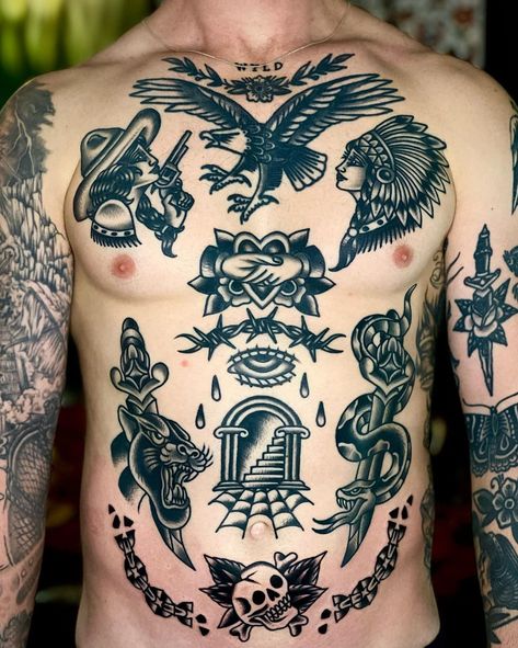 American Trad Chest Tattoo, Old School Tattoo Chest, Traditional Chest Piece, Chest Tattoo Traditional, Traditional Tattoo Torso, Black Flash Tattoos, Traditional Back Tattoo, American Style Tattoo, Traditional Chest Tattoo