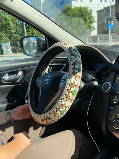 Granny Square Wheel Cover, Knit Steering Wheel Cover, How To Crochet A Steering Wheel Cover, Crochet Steering Wheel Covers, Crochet Car Cover, Crochet Wheel Cover Free Pattern, Crocheted Steering Wheel Cover, Crochet Sterling Wheel Cover, Steering Wheel Crochet Cover