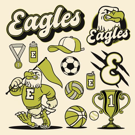 Download the Eagle Mascot Object Sport Set in Vintage Hand Drawn Design 28297832 royalty-free Vector from Vecteezy for your project and explore over a million other vectors, icons and clipart graphics! Vintage Sports Logo, School T Shirt Designs, Squirrel Mascot, Logo Design Inspiration Sports, Mascot Ideas, Vintage Mascot, Sports Mascot, Eagle Mascot, Sport Logo Design