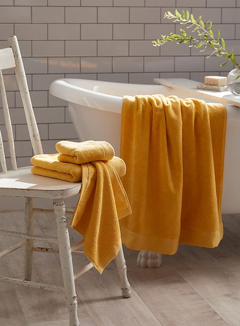 Jacquard border towels | Simons Maison | Solid Bath Towels | Bathroom | Simons Yellow Bath Towels, Yellow Bath, Towels Bathroom, Yellow Towels, Bathroom Bath, Terry Towel, Dark Yellow, Face Towel, Guest Towels