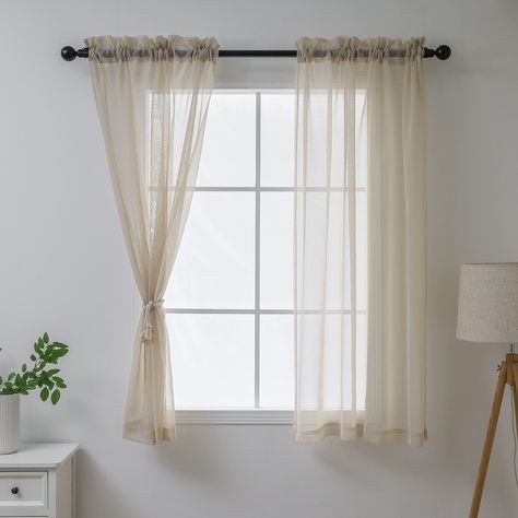 Long Curtains Short Window Bedroom, Bedroom Curtains For Short Windows, Half Window Curtains Bedroom, Curtains For Bedroom Window Small Spaces, Short Curtains In Bedroom, Short Curtains Dining Room, Sheer Curtains Half Window, Short Sheer Curtains, Curtain Short Window