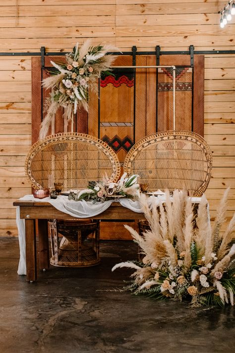 possibly use peacock chairs for headtable and I love the floor piece Peacock Chairs Sweetheart Table, Peacock Chairs Wedding Head Table, Boho Bridal Table, Boho Bridal Table Decor, Peacock Chair Sweetheart Table, Boho Wedding Chairs, Boho Head Table Wedding, Boho Head Table, Peacock Chair Wedding