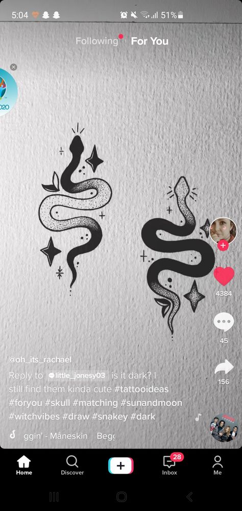 Matching Snake Tattoos, Tattoo Amigas, Couple Tattoos Ideas, Pair Tattoos, Small Snake Tattoo, Partner Tattoos, Maching Tattoos, Cute Matching Tattoos, Matching Friend Tattoos