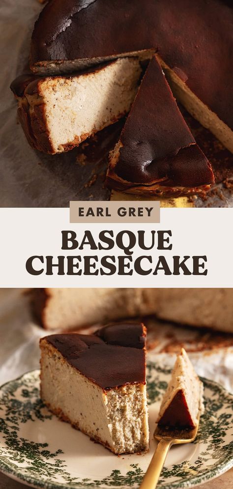 This earl grey basque cheesecake is perfectly caramelized and burnt on top and super creamy on the inside with the fragrant aroma of earl grey tea. Earl Grey Tea Desserts, Earl Grey Desserts, Earl Grey Recipes, Earl Grey Cheesecake, Ube Cheesecake Recipe, Cheesecake Ideas, Earl Grey Cake, Small Cheesecakes, Basque Burnt Cheesecake