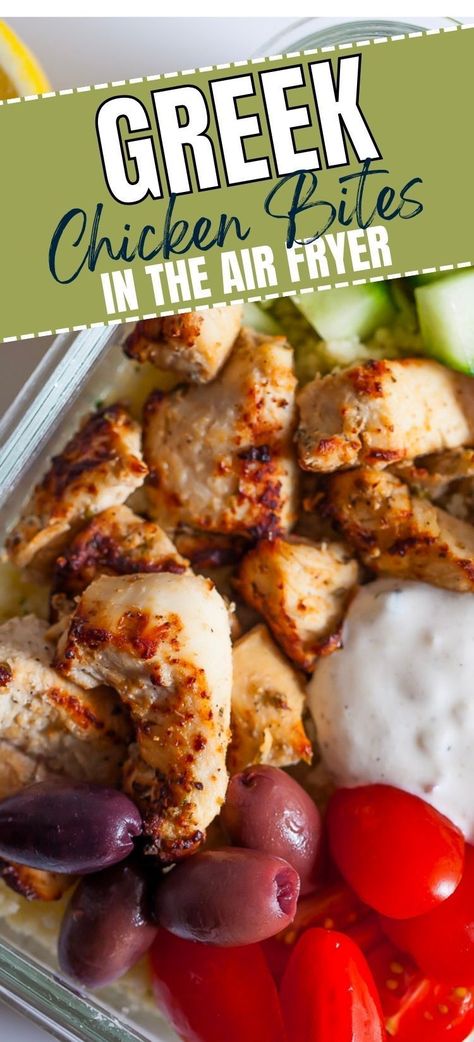 Enjoy bite-sized pieces of tender chicken breast marinated in a homemade blend of Greek yogurt, lemon juice, red wine vinegar, and seasonings. This Air Fryer Greek Chicken Bites recipe is a quick and easy way to enjoy flavorful Greek lemon chicken that pairs well with any side dish! You can add them to salads, wraps, or toss them with pasta or pita bread! Air Fryer Greek Chicken, Mediterranean Chicken Breast, Greek Yogurt Marinade, Greek Yogurt Marinated Chicken, Greek Chicken Breast, Chicken Breast Marinade, Greek Marinated Chicken, Chicken Bites Recipes, Yogurt Marinated Chicken