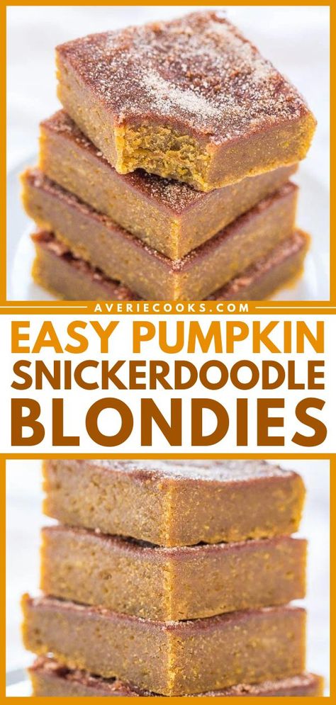 This blondies recipe is a trifecta jackpot! Paired with everything you love about pumpkin bars and the cinnamon sugar goodness of snickerdoodles, this simple sweet treat is so satisfying. Try this easy pumpkin dessert! Pumpkin Blondies, Snickerdoodle Blondies, Easy Pumpkin Dessert, Chewy Gingerbread Cookies, Fall Baking Recipes, Blondies Recipe, Pumpkin Bars, Pumpkin Recipes Dessert, Pumpkin Treat