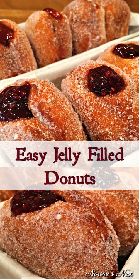 Canned Biscuits are the base for these easy delicious sugar coated donuts filled with raspberry jam! Canned Biscuit Donuts, Jelly Donuts Recipe, Fried Biscuits, Biscuit Donuts, Doughnut Recipe Easy, Donut Filling, Baked Donut, Jelly Doughnuts, Homemade Donuts Recipe