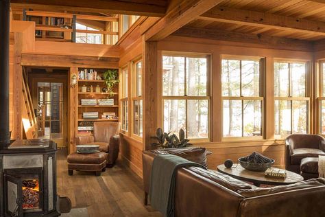 Off-the-grid island camp surrounded by breathtaking woods in Maine Cabin Inspired Interior, Small Camping Cabin Ideas, Antique Decorated Home, Tiny House Wood Stove Cabin, Home In Woods Aesthetic, Cozy Tiny Cabin, Small Cabin Interiors Rustic Simple Living Room, Tiny Cabin Living Room, Cabin Interior Colors