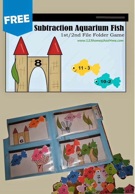 Help kids practice subtraction with the free printable math games for 1st grade and 2nd grade kids with a Aquarium fish theme. Math Games For 1st Grade, Games For Grade 1, 123 Homeschool 4 Me, Printable Math Games, Free Worksheets For Kids, Subtraction Games, Fish Theme, Math Subtraction, File Folder Activities