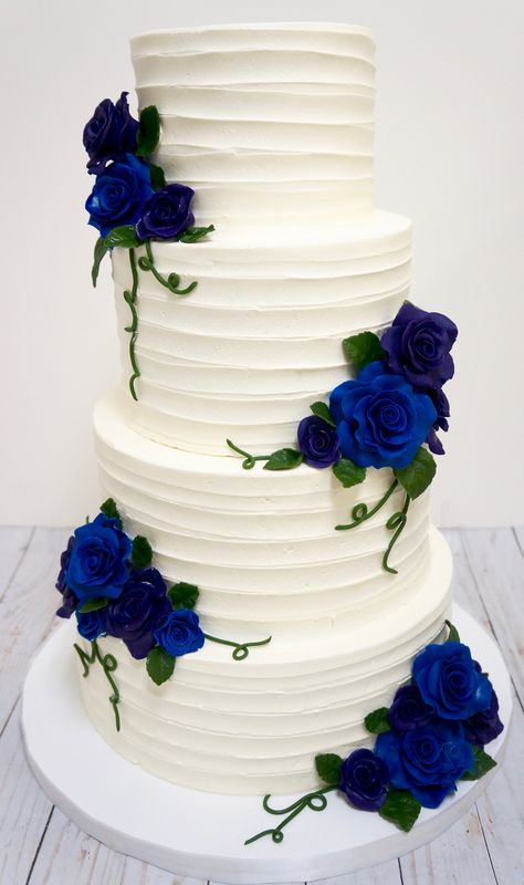 Royal Blue Wedding Cake 2 Tier, 2 Tier Wedding Cakes Simple Elegant Blue, White Cake With Blue Flowers, Royal Blue Cake Quinceanera, Royal Blue Quince Cake, Wedding Cake Dark Blue, Royal Blue Wedding Cake, Wedding Cake Dark, Blue Wedding Cakes