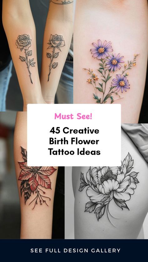 Birth Flower With Name In Stem, Flowers And Date Tattoo, Birth Flowers Tattoo Family, Birth Month Flower Tattoos Bouquet, Aster Flower Tattoo, August Flower Tattoo, Daisy Chain Tattoo, Birth Flower Tattoo Ideas, Aster Tattoo