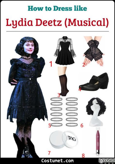 Lydia Deetz musical costume typical goth girl costume. Lydia likes her black dress, black lace gloves, black knee-high socks, and black shoes.            #Beetlejuice #movies #female #Beetlejuice #goth #teen #musical Lydia Deetz Musical, Lydia Beetlejuice Costume, Goth Girl Costume, Beetlejuice Fashion, Lydia Deetz Costume, Lydia Deetz Cosplay, Broadway Outfit, Lydia Beetlejuice, Black Gothic Dress