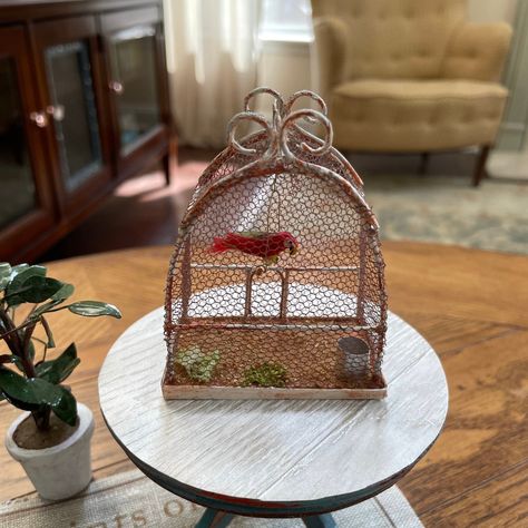 Antique Bird Cages, Diy Miniatures, Miniature Diy, Red Bird, Mesh Screen, Red Birds, Miniature Dollhouse, Doll Furniture, Bird Cage