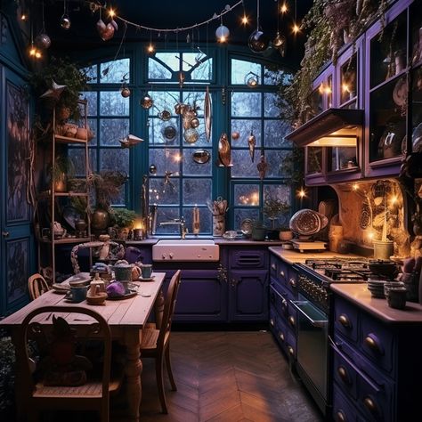 Elven Inspired Kitchen, Fantasy Kitchen Aesthetic, Mystical Home Decor, Whimsy Goth Kitchen, Whimsy Goth House Decor, Dark Purple Kitchen, Whimsical House Decor, Whimsy Kitchen, Whimsigoth House