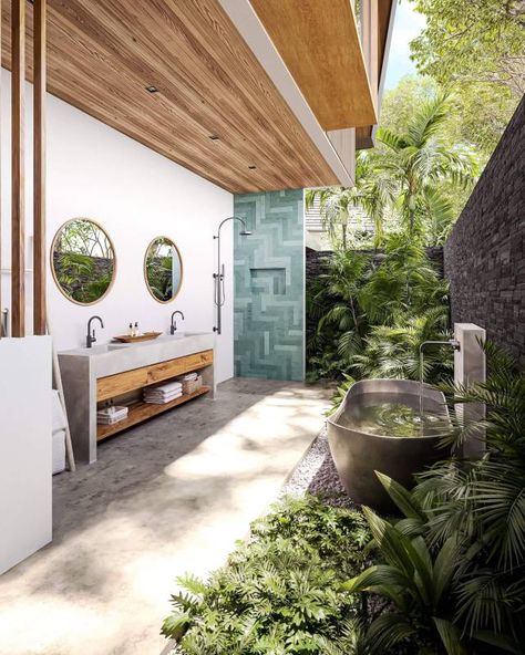 Beach Website Design Inspiration, Costa Rica Beach House, Balinese Bathroom, Exterior Bathroom, Modern Tropical House, Outdoor Bathroom Design, Open Bathroom, Tropical Bathroom, Outdoor Tub