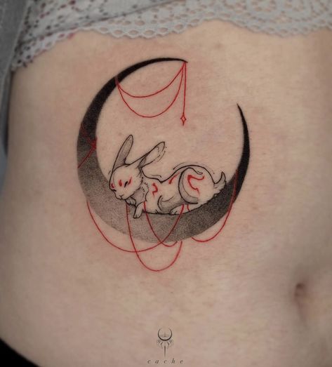 Cute Bunny Tattoo Ideas, Japanese Bunny Tattoo, Moon Bunny Tattoo, Chinese Rabbit Tattoo, Unquie Tattoo Ideas, Moon Rabbit Tattoo, Bunny Tattoo Cute, 9 Tailed Fox Tattoo, Okami Tattoo