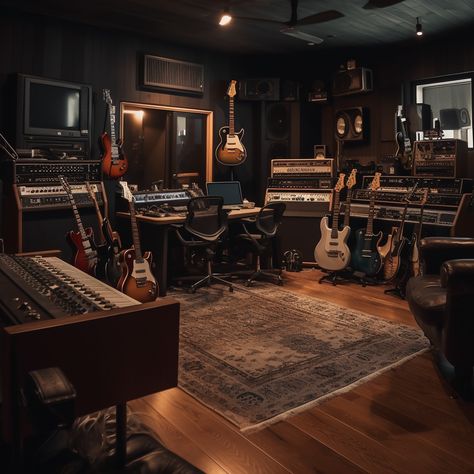 Music Bedroom Studio, Home Band Room, At Home Studio Set Up, Music Rehearsal Room, Guitar Setup Bedroom, Acoustic Room Design, Luxury Music Room, Music Studio Room Luxury, Basement Recording Studio