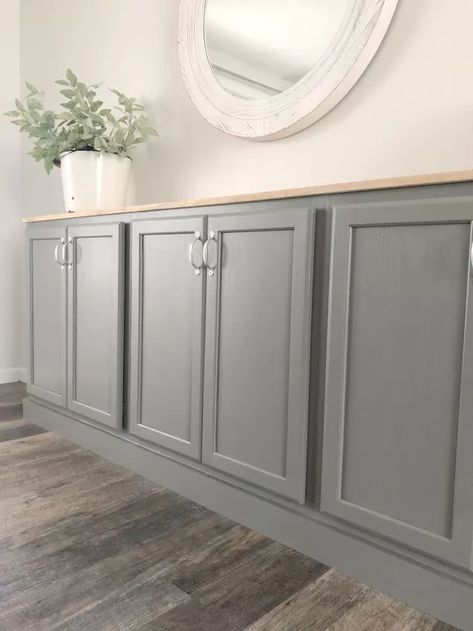 Stock Kitchen Cabinets Into Dining Room Buffet | Hometalk Kitchen Cabinets Into Dining Room, Farmhouse Dark, Diy Buffet, Dining Room Built In, Stock Kitchen Cabinets, Built In Buffet, Upper Kitchen Cabinets, Stock Cabinets, Diy Dining