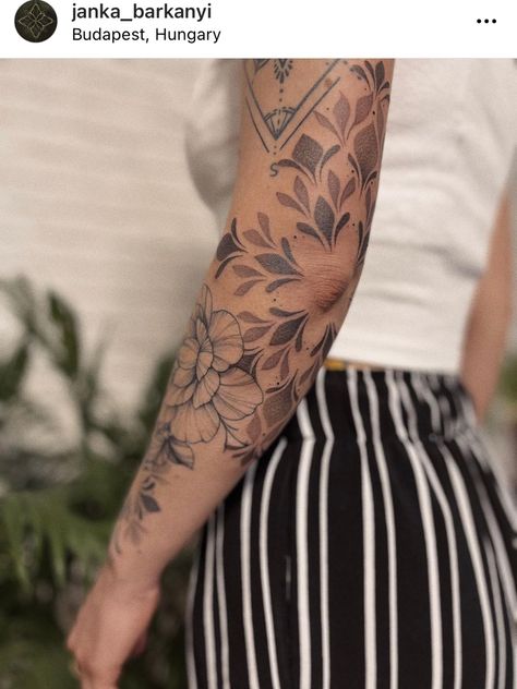 Mandela Tattoo Arm Half Sleeves, Mandela Tattoo Designs For Women Arm, Norwegian Flower Tattoo, Mandala Tattoo Design Women Arm, Mandala And Flower Tattoo Sleeve, Big Cover Up Tattoos For Women, Boho Tattoo Ideas Sleeve, Mandela Tattoo Design, Tattoo Filler Ideas Sleeve Backgrounds