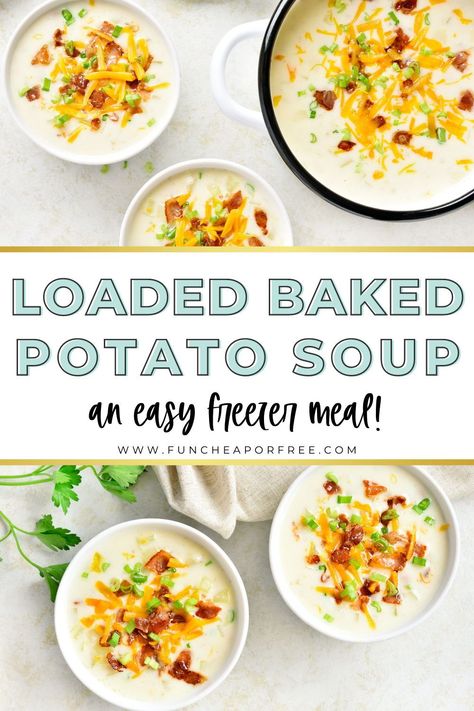 Baked Potato Soup Freezer Meal, Freezer Potato Soup Recipes, Freezer Friendly Potato Soup, Loaded Baked Potato Soup Freezer Meal, Potato Soup Freezer Meal Crock Pot, Freezer Loaded Potato Soup, Loaded Potato Soup Freezer Meal, Potato Soup To Freeze, Freezer Meal Potato Soup