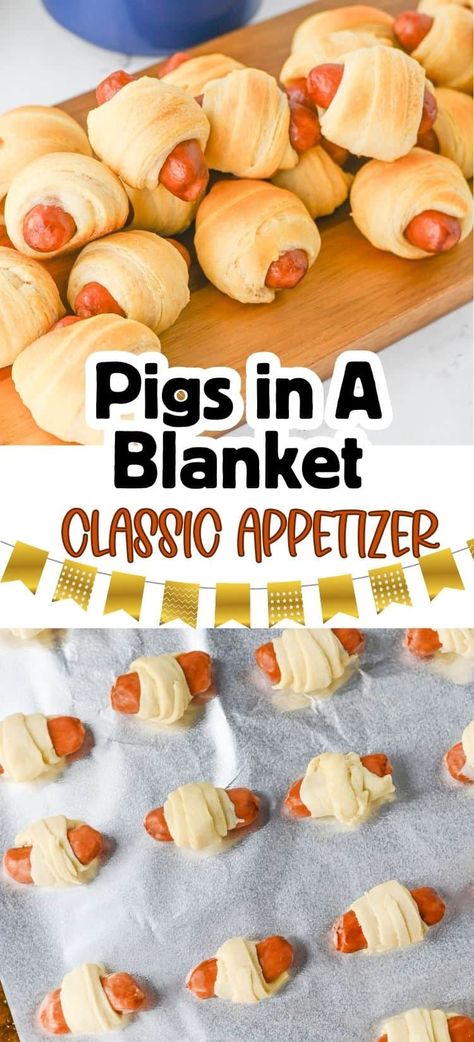 These Pigs in a Blanket with Crescent Rolls are a fun, classic hot appetizer precipe. Tender tiny hot dogs are wrapped in flaky crescent dough and baked to golden perfection. So tasty and great for Holiday parties. Recipe For Pigs In A Blanket, Small Pigs In A Blanket, Finger Food Christmas Party Appetizers, How To Make Pigs In A Blanket With Crescent Rolls, Crescent Little Smokies, Appetizer With Hot Dogs, Little Hot Dogs In Crescent Rolls, Crescent Roll Mini Hot Dogs, Hot Dogs In A Blanket Crescent Rolls