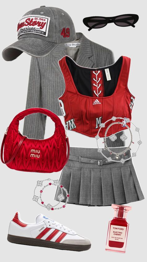 Outfit Inspo! #outfitinspo #outfit #outfitideas #y2k #preppy #preppyaesthetic #citygirl #school #cutefit #streetwear #fashion #fashioninspo #cute #aesthetic #aestheticgirl #grey #red #redaesthetic #trendy #fyp Y2k Outfit Layout, Outfit Ideas Sneakers, Outfits Color Combos, Dressy Casual Outfits, Fashion Top Outfits, Outfit Layout, Y2k Preppy, Classy Casual Outfits, Easy Trendy Outfits