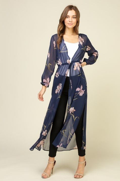 Long Outer Outfits, Outer Sifon, Outer Outfits, Outer Outfit, Long Outer, Stylish Kurtis Design, Black Collared Dress, Stile Hijab, Open Front Kimono