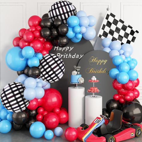 PRICES MAY VARY. 【105Pcs RACE CAR BIRTHDAY DECORATIONS】Our balloon garland kit contains:3 x 18inch Balloons (red*1,blue*1,black*1) , 55 x 10inch Balloons(red*15,blue*15,black*15,macaron blue*10), 40 x 5inch Balloons (red*10,blue*10,black*10,macaron blue*10), 3Pcs black and white grid foil balloons,balloons strip 1pc, adhesive tape 3pcs,ribbon 1pc. 【Premium Material】 Our balloons are made of natural latex.Each of these latex balloons is in a brighter color and 20% thicker than normal latex balloo 2nd Birthday Race Car Theme, Birthday Race Car Theme, Race Car Theme Party, Car Theme Party, Race Car Birthday Decorations, Balloons Arch, Boy Birthday Decorations, Hot Wheels Birthday, Car Themed Parties