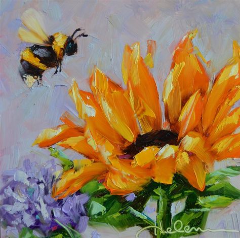 Sunflower Bee Painting, Bees And Flowers Painting, Sunflower With Bee Painting, Bee On A Flower Painting, Paintings Of Bees Acrylic, Bee Flower Painting, Painting Bees Acrylic, Flower And Bee Painting, Bee Art Ideas