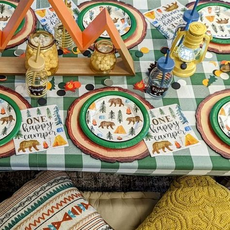 Rugged Luxe on Instagram: "Our "One Happy Camper" theme is such a cute little theme for a 1 year birthday celebration! #bohopicnics #birthdaypartyideas #onehappycamper #columbiapartyrentals #columbiascmom #columbiascevents #campertheme #placesetting #partydecorations #eventstylist #letsgocamping #picnic #picnicparty #oneyearoldbirthdaypartytheme #partyrentals #partydecor" Happy Camper Birthday Party, One Happy Camper, 1 Year Birthday, Picnic Birthday, Fall Camping, 1 Birthday, Birthday Table, Soft Play, Picnic Party