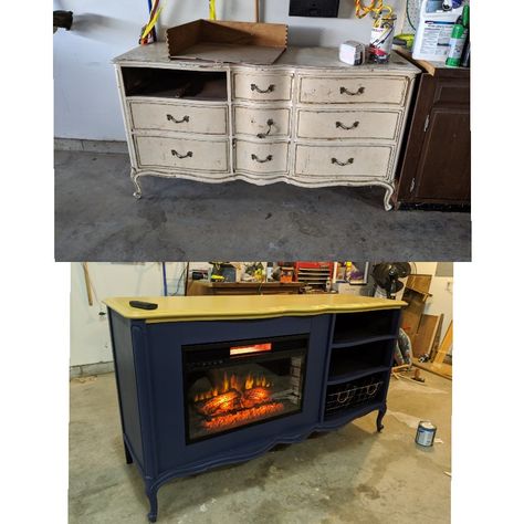 We changed an old dresser into a TV stand with a fireplace! Navy on bottom and a mustard color on top 🥰 Repurposed Tv Stand Ideas, Old Tv Console Repurpose, Diy Fireplace Tv Stand, Fireplace Tv Stand Diy, Fireplace Dresser, Fake Fireplace Diy, Mantle Surround, Old Tv Stands, Furniture Refurbishing