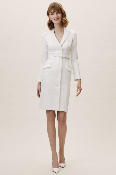 Sleek and structured, this modern bridal look can be worn open as a jacket or buttoned as a dress. We love it for casual or courthouse weddings. Beckham Suit, Modest White Dress, Courthouse Wedding Dress, Bhldn Dresses, Bhldn Dress, Badgley Mischka Dress, Bridesmaid Dresses Strapless, White Halter Dress, Anthropologie Wedding