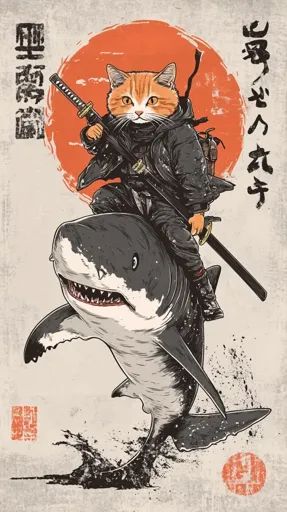 ↑↑↑ Larger size on website 🔸 The image is a stylized depiction of a cat dressed as a samurai riding a shark. The cat is holding a Cat Samurai, Cat Shark, Cat Riding, Vintage Poster Design, Traditional Japanese Art, Japanese Kanji, Japanese Characters, Cat Dresses, Graphic Tshirt Design