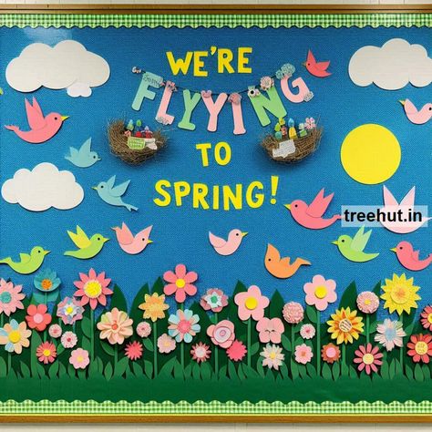 Spring Bulletin Board Ideas, School Bulletin Board Ideas Flowers Board Decoration, Soft Board Decoration Ideas For School, School Bulletin Boards Spring, Classroom Board Decoration Ideas, Soft Board Decoration Ideas, Soft Board Ideas, May Bulletin Board, Spring Mural, Spring Bulletin Board Ideas