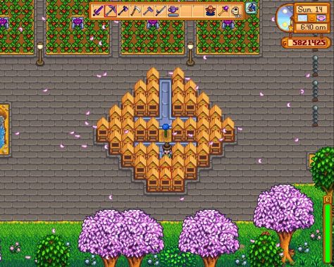 Stardew Valley Bee House, Stardew Valley Honey, Stardew Valley Farm Layout, Honey Ideas, Stardew Valley Farm, Stardew Valley Layout, Stardew Valley Tips, Bee Houses, Bee House