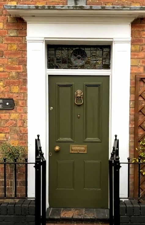 Brick House Colored Door, Dark Green Front Door, Sage Green Front Door, Green Door House, Front Door Colours, Green Front Door, Ireland Houses, Orange Front Doors, Exterior Door Colors