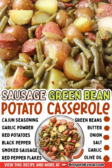 This sausage green bean potato casserole is a tasty dish that the whole family can enjoy. Made with just a few basic ingredients this recipe comes together quickly and cheaply. Sausage Potatoes Green Beans, Sausage Green Bean Potato Casserole, Green Bean Potato Casserole, Smoked Sausage And Potato Recipe, Sausage And Green Beans, Potato Casseroles, Smoked Sausage Recipes, Beans And Sausage, Green Beans And Potatoes