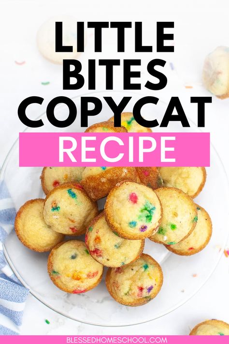 Little Bites Copycat Recipe Party Muffin Recipe, Hostess Mini Muffin Recipe, Little Debbie Muffin Recipe, Mini Vanilla Muffins, Copycat Lil Bites Muffins, Homemade Mini Muffins Kids, Little Muffins Recipes, Homemade Funfetti Mini Muffins, Muffin Recipes Mini