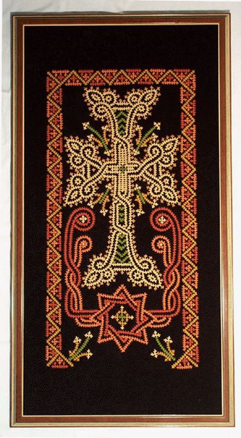 An Armenian cross on brown velvet worked in traditional  Marash stitch. Armenian Motifs, Marash Embroidery, Armenian Embroidery, Cross Stitch Border Patterns, Armenian Ornaments, Armenian Cross, Braided Chain Stitch, Armenian Aesthetic, International Craft