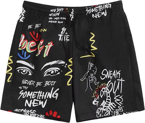 Graphic Shorts Men, Cool Mens Shorts, Geeky Clothes, Graphic Shorts, Drawstring Waist Shorts, Summer Swimwear, Casual Summer Shorts, Swimwear Shorts, Style Noir