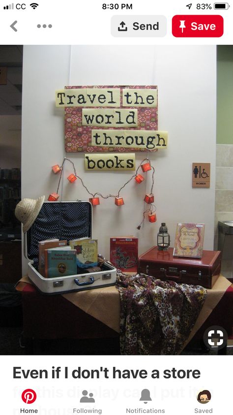 One World Many Stories, Travel Book Ideas, Book Display Ideas, Reading Display, School Library Displays, Library Display Ideas, Adventure Decor, Library Themes, Library Book Displays