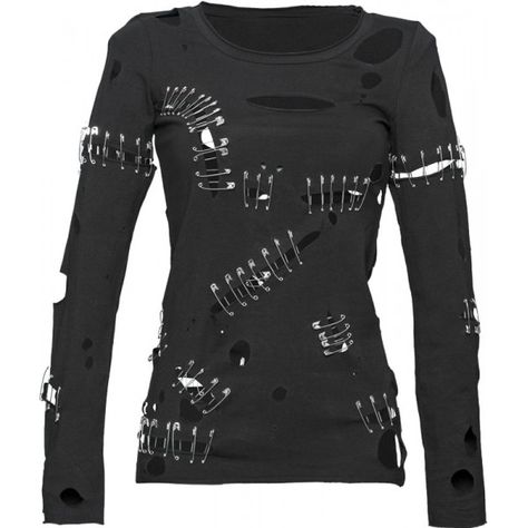 Black cotton shirt with holes and safety pins, from the gothic clothing for women collection by Queen of Darkness. Shirt With Holes, Apocalypse Halloween, Japanese Goth, Top With Holes, Scissor Hands, Shirts With Holes, Emo Outfit, Punk Tops, Queen Of Darkness