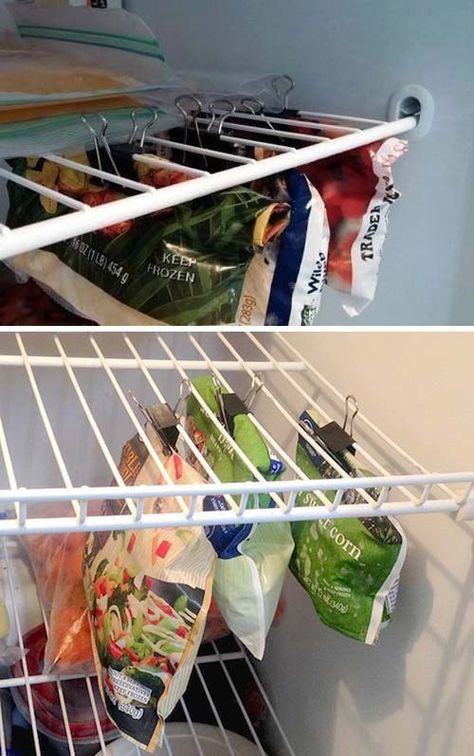 27 Life Hacks, Travel Trailer Hacks, Camper Organization Travel Trailers, Camper Organization, Extra Shelf, Organisation Hacks, Freezer Bags, Rv Hacks, Binder Clips