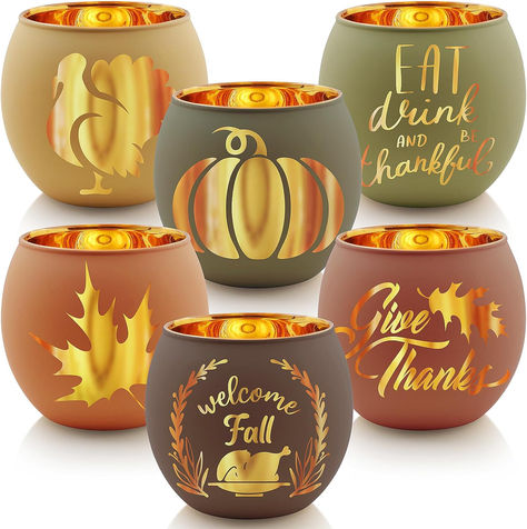 Thanksgiving Votive Candle Holder Set of 6, Glass Votives Holder with 6 Laser Engraving Patterns, Tealight Holders Bulk for Fall Table Centerpiece Decor Tea Lights Centerpieces, Engraving Patterns, Halloween Table Centerpieces, Fall Candle Holders, Thanksgiving Candles, Fall Table Centerpieces, Glass Votives, Small Candle Holders, Glass Votive Candle Holders